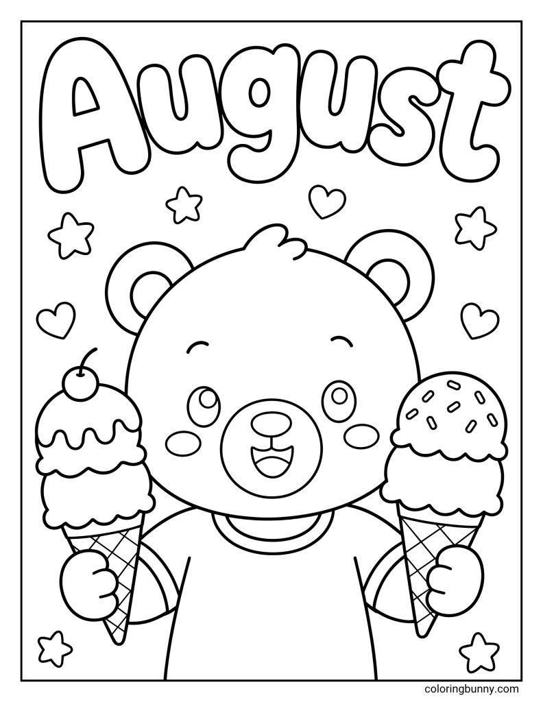 August coloring page displaying the word 'August' in big, bubbly letters at the top, centered over a cute cartoon bear with round ears and a happy smile holding a double-scoop ice cream cone in each paw.