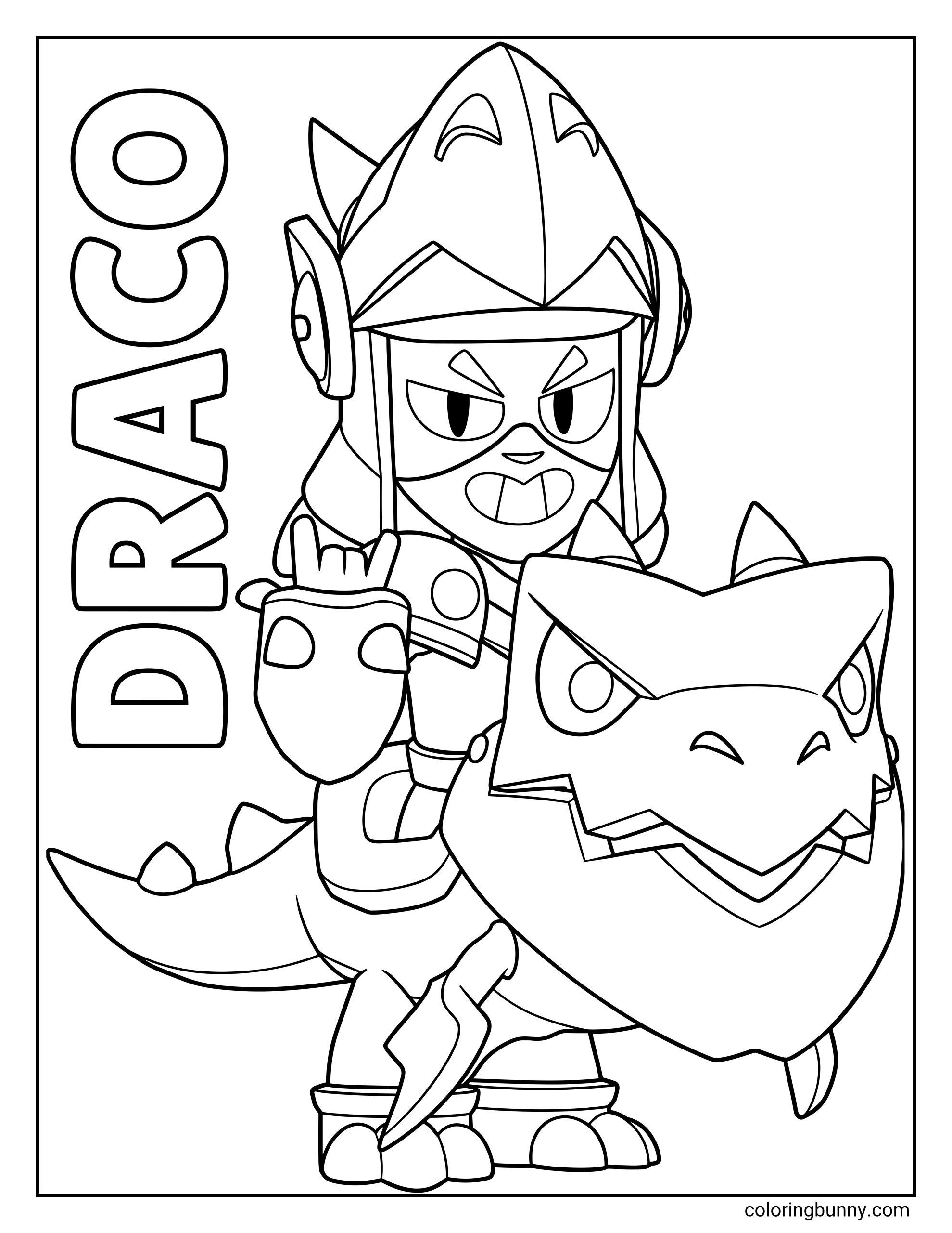 Coloring page of Draco from Brawl Stars on his dragon mount, featuring his helmet, mask, sharp teeth grin, shoulder armor, tail, and bold Draco lettering.