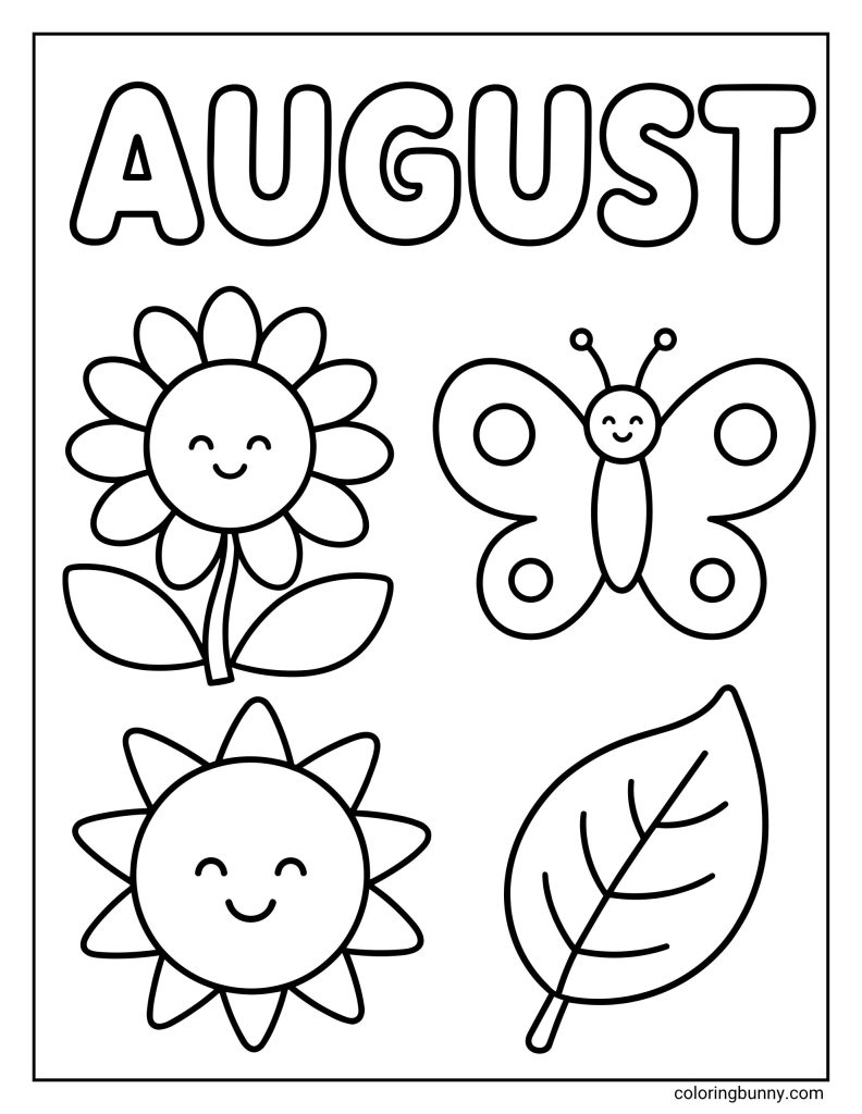 August coloring page with the text “AUGUST” at the top, a smiling flower, a cheerful butterfly, a smiling sun, and a large leaf.