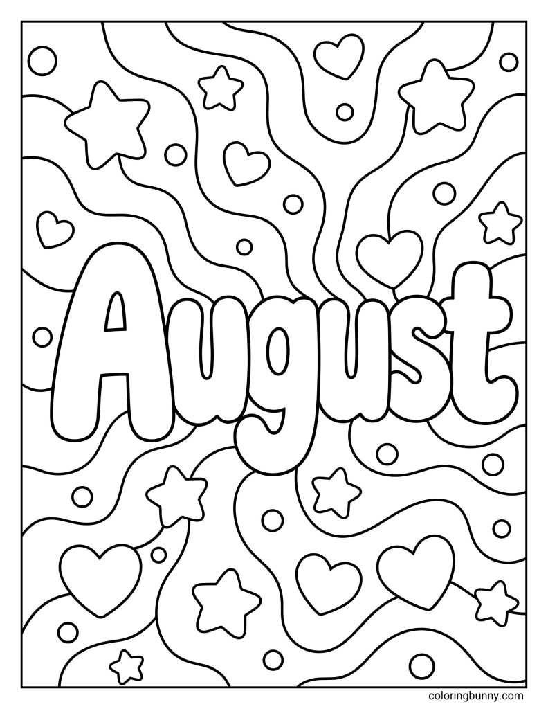 August coloring page featuring the word 'August' in big, bubbly letters centered over a psychedelic background of swirling, wavy lines, scattered hearts, five-pointed stars, and tiny circles.