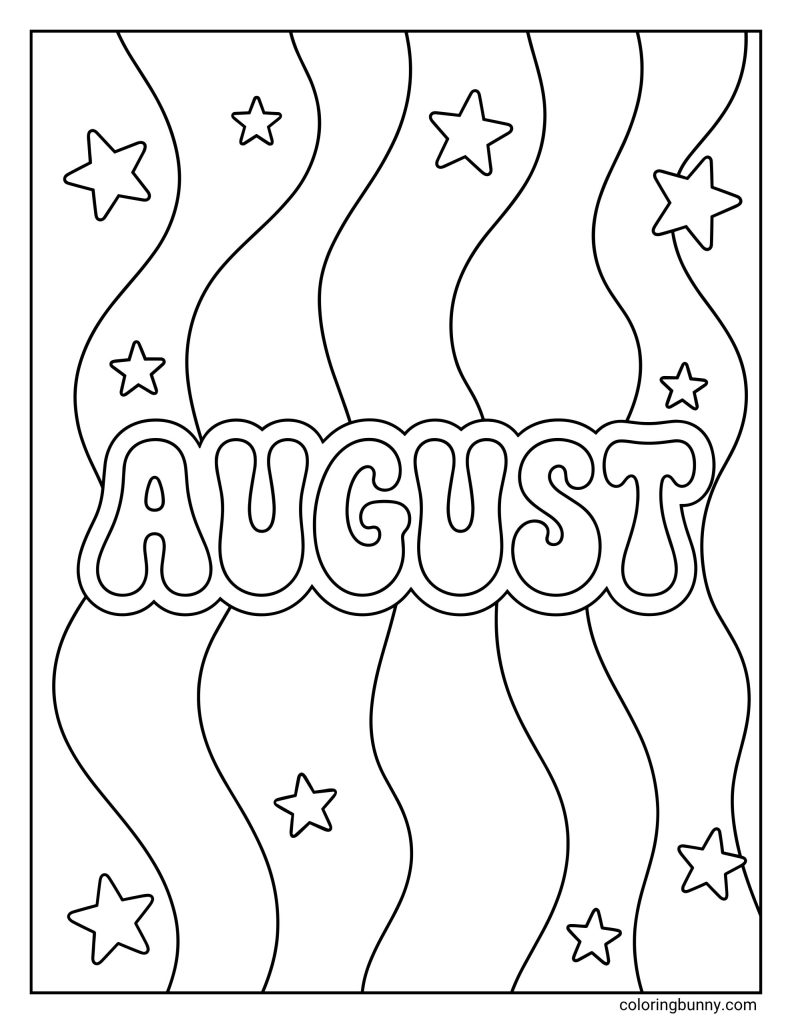 August coloring page featuring the word 'AUGUST' in a thick, bubbly retro font across a background of vertical wavy lines and scattered five-pointed stars.