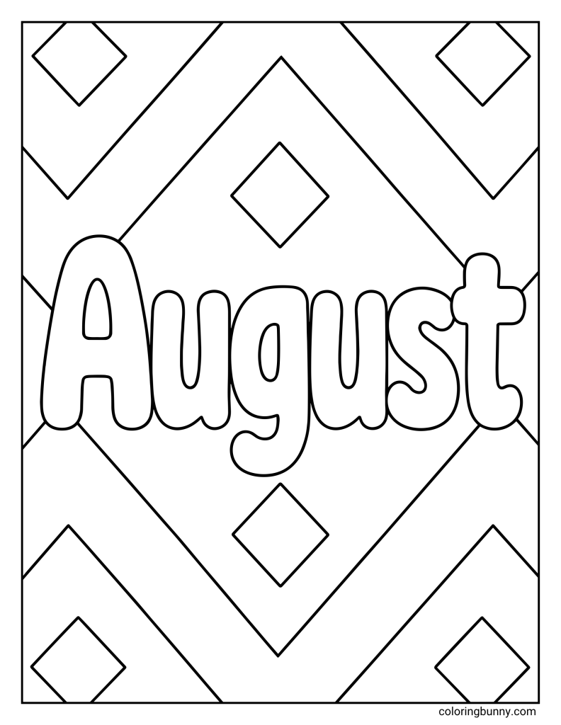 August coloring page featuring bold, hollow typography of the month 'August' set against clean zig-zag lines and small tilted square shapes.