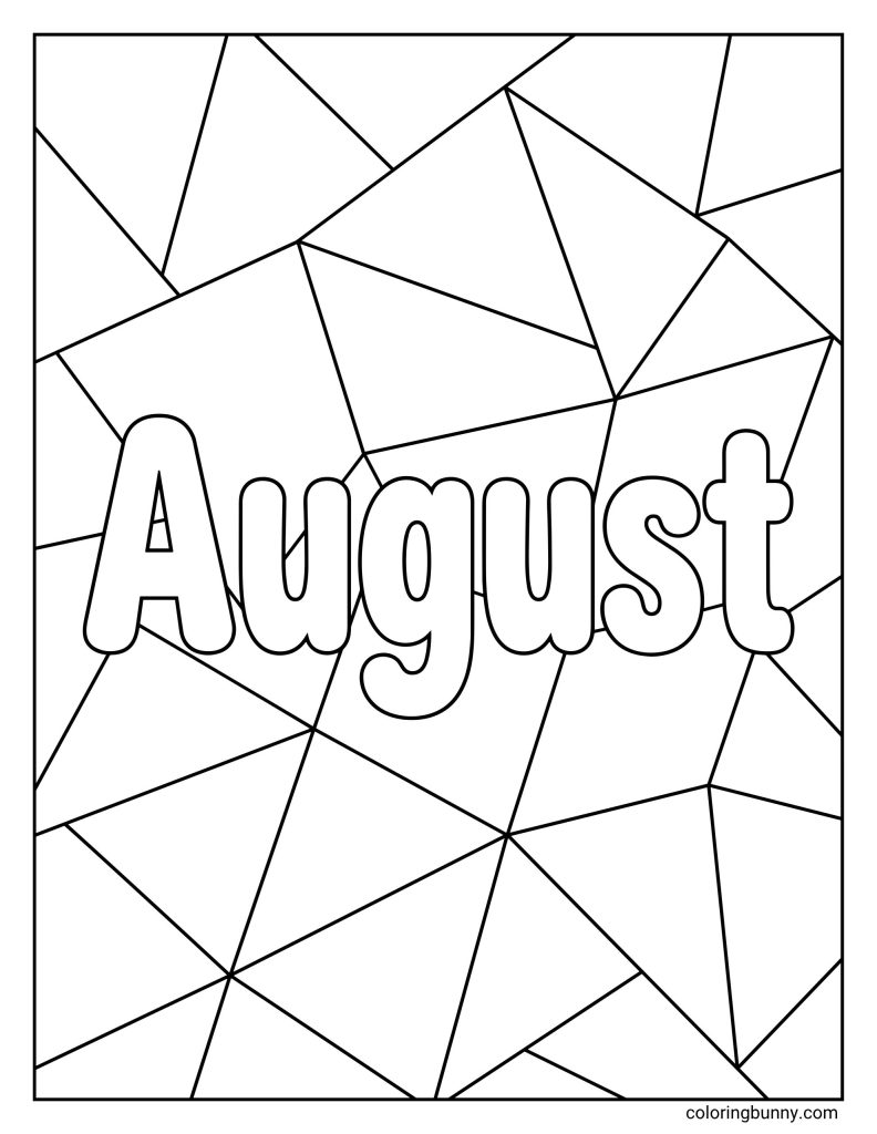 August coloring page with large hollow August text centered over a geometric triangle pattern background.