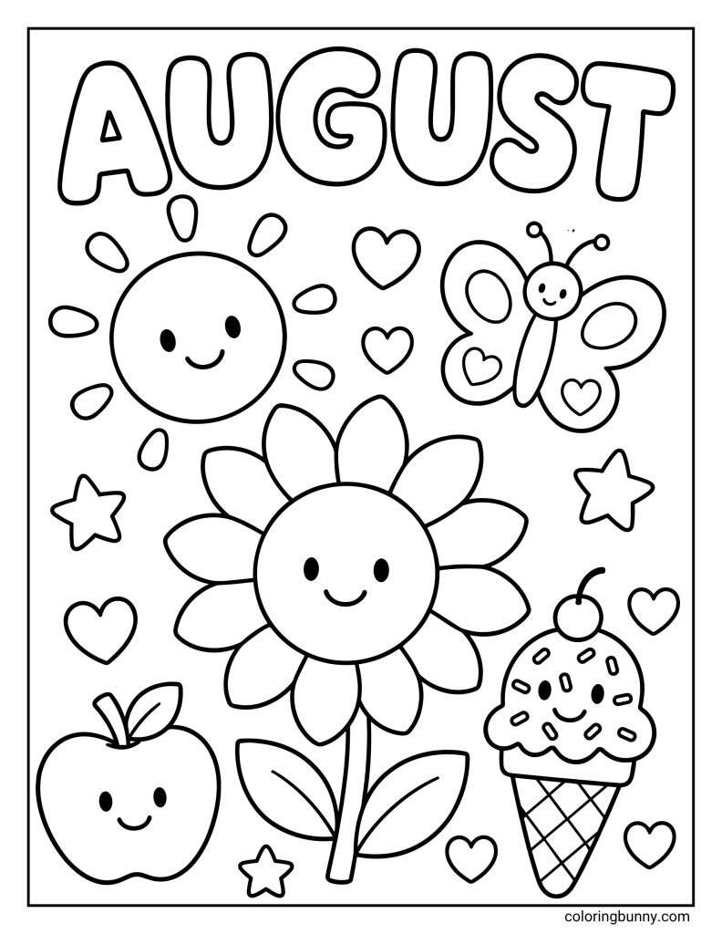 Cute August coloring sheet showing the word “AUGUST” in large hollow letters, surrounded by a smiling sun, a happy butterfly, a big flower, a smiling apple, an ice cream cone, hearts, and stars.