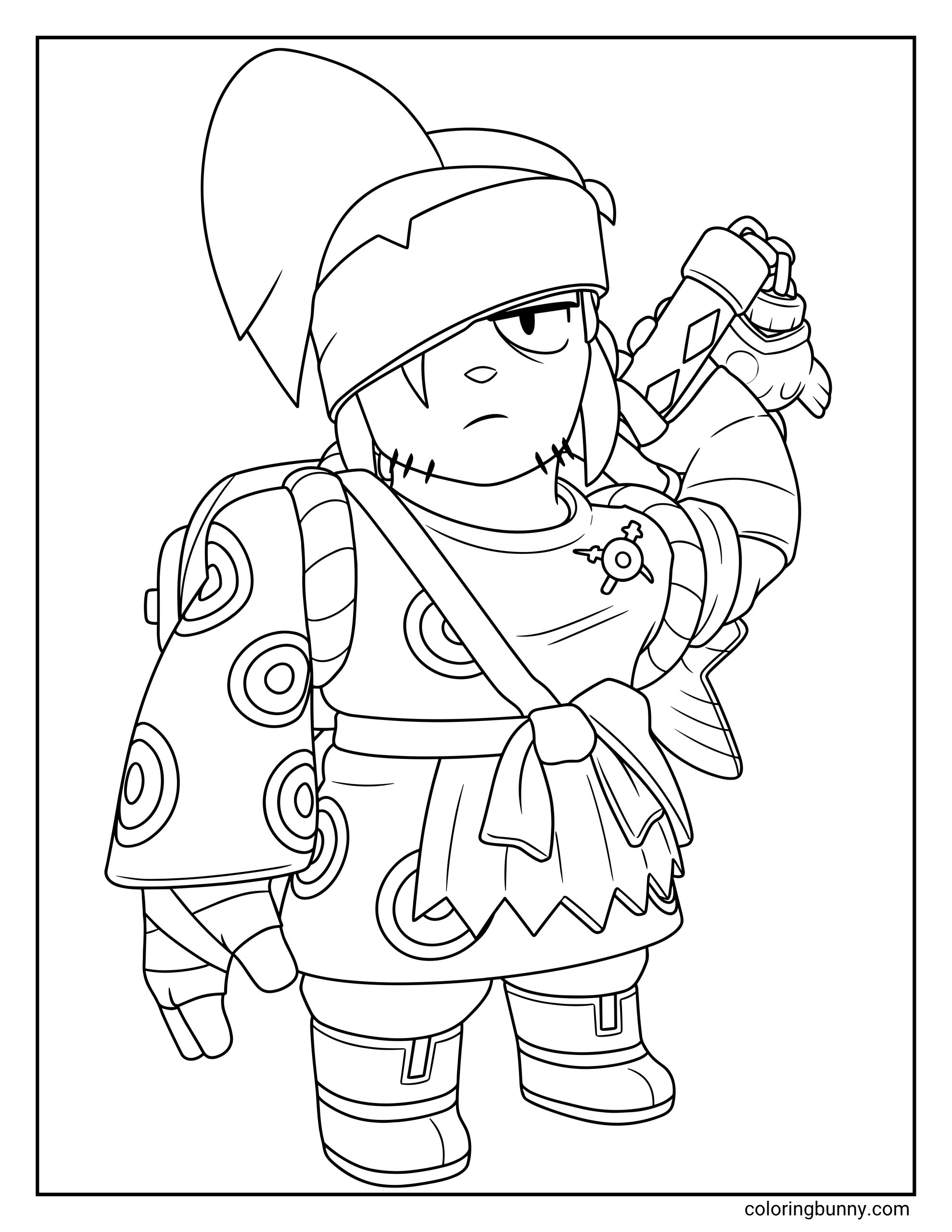 Brawl Stars coloring page featuring Kenji with a sword, large headband, one visible eye, patterned sleeve, layered outfit, and warrior-style accessories.