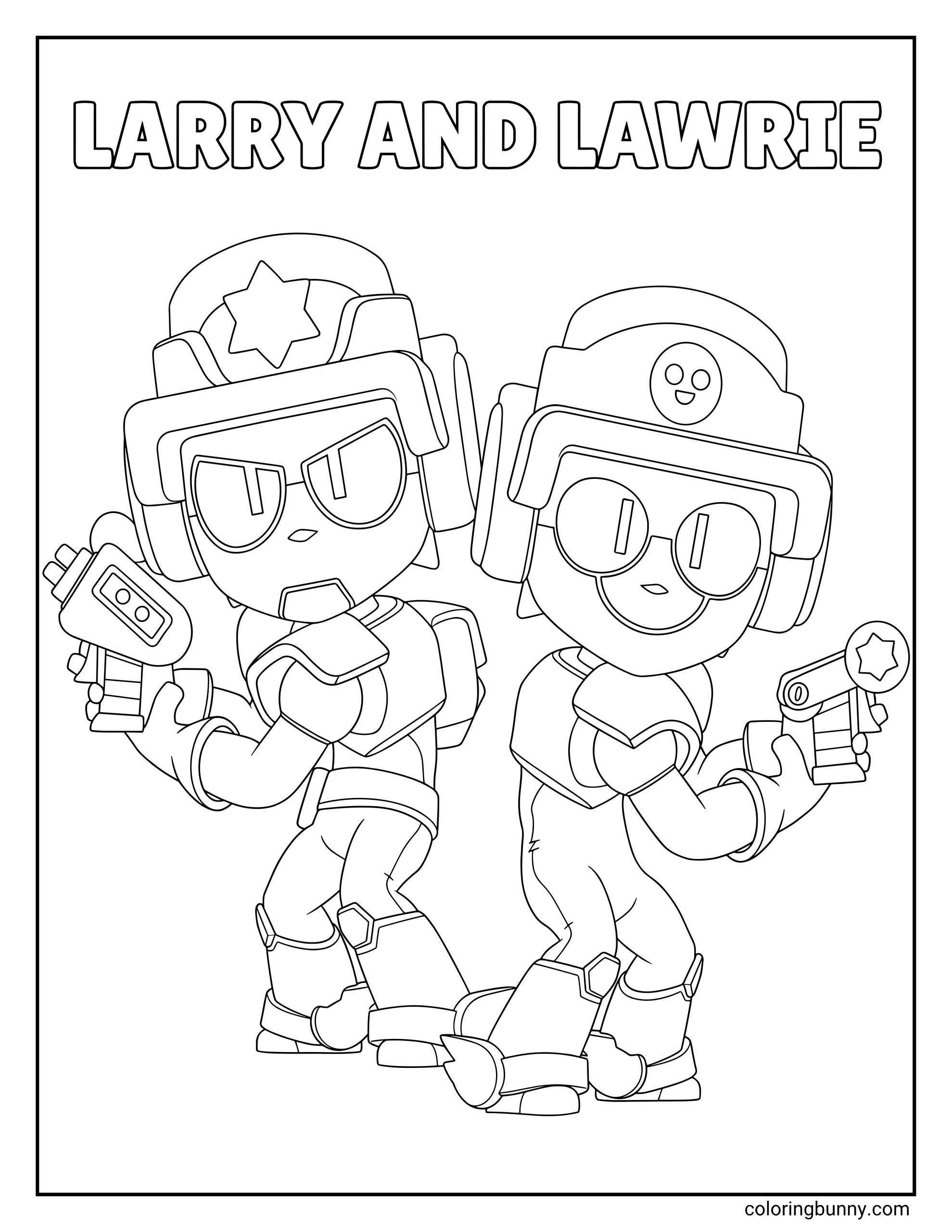 Larry and Lawrie Brawl Stars coloring page showing both robot brawlers posing back to back with blaster weapons, matching headsets, boots, and their names at the top in hollow text.