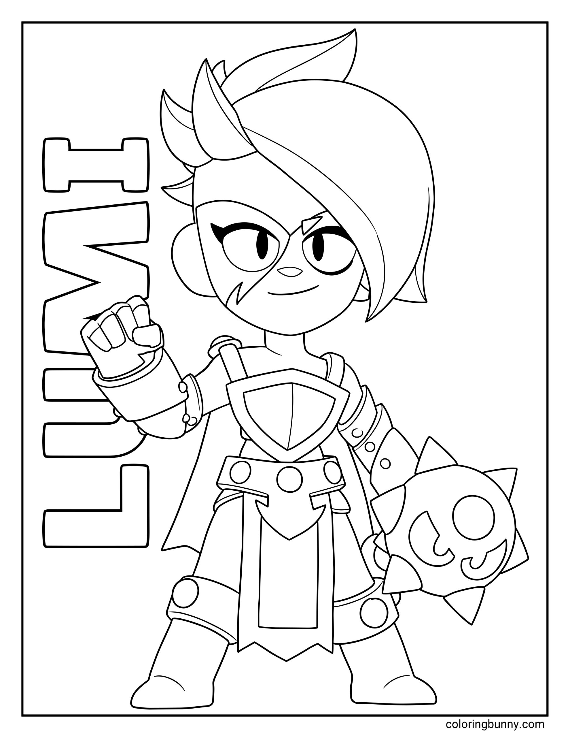 Coloring page of Lumi from Brawl Stars holding a spiked mace, wearing armor and a cape, with vertical hollow text spelling Lumi on the left.