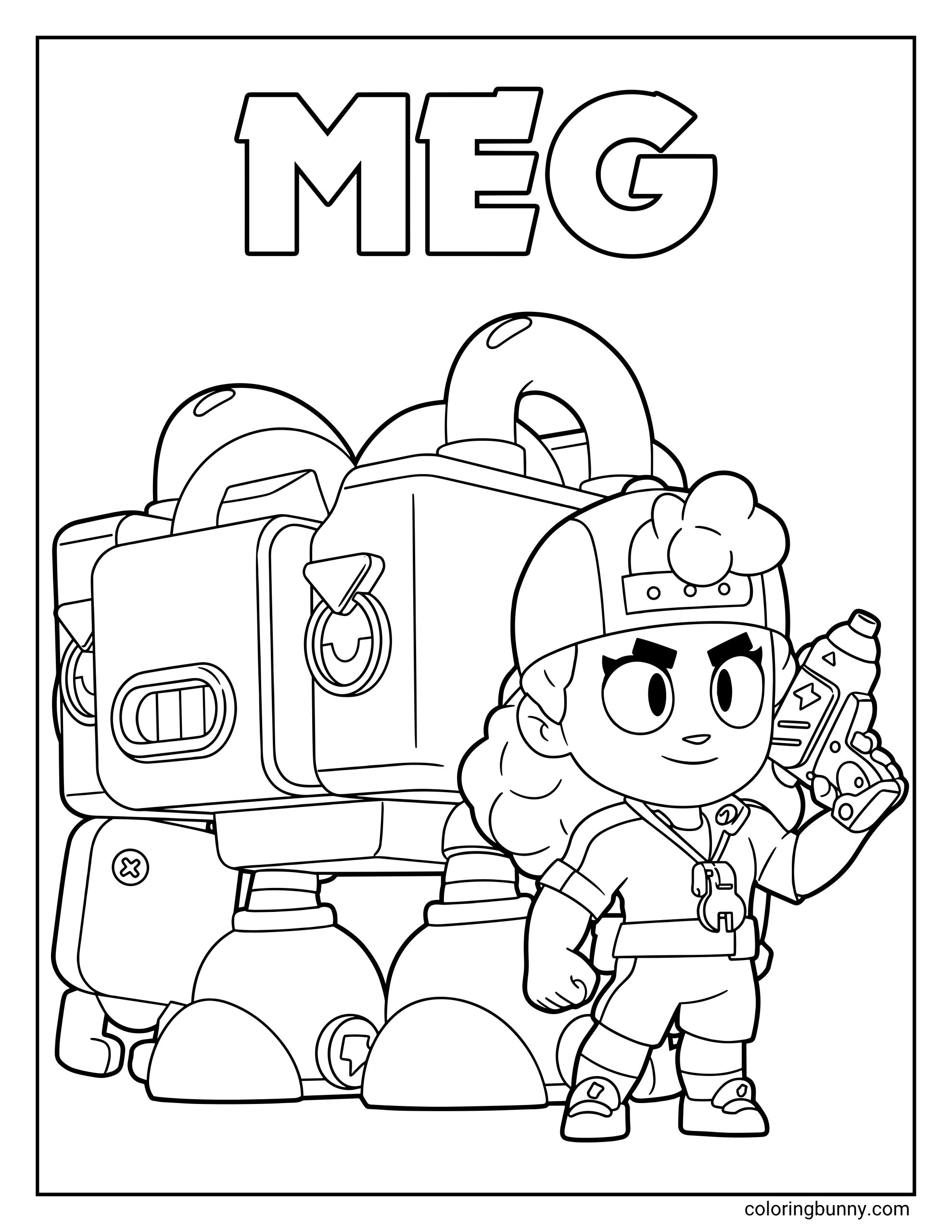 Coloring page of Meg from Brawl Stars posing with her big mechanical suit, handheld blaster, baseball cap, curly hair, gloves, boots, and large Meg lettering.