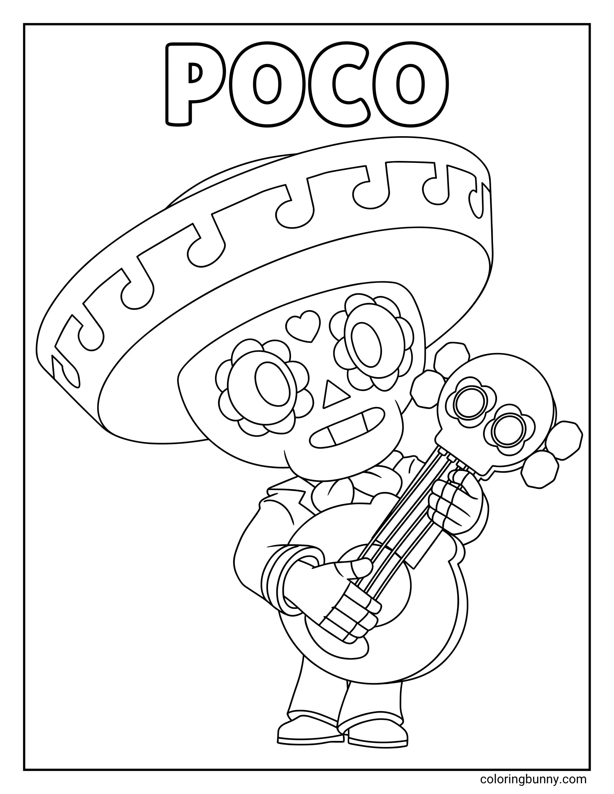 Coloring page of Poco from Brawl Stars holding a guitar, with flower eyes, a skull-shaped instrument, musical note hat, and hollow Poco text above.