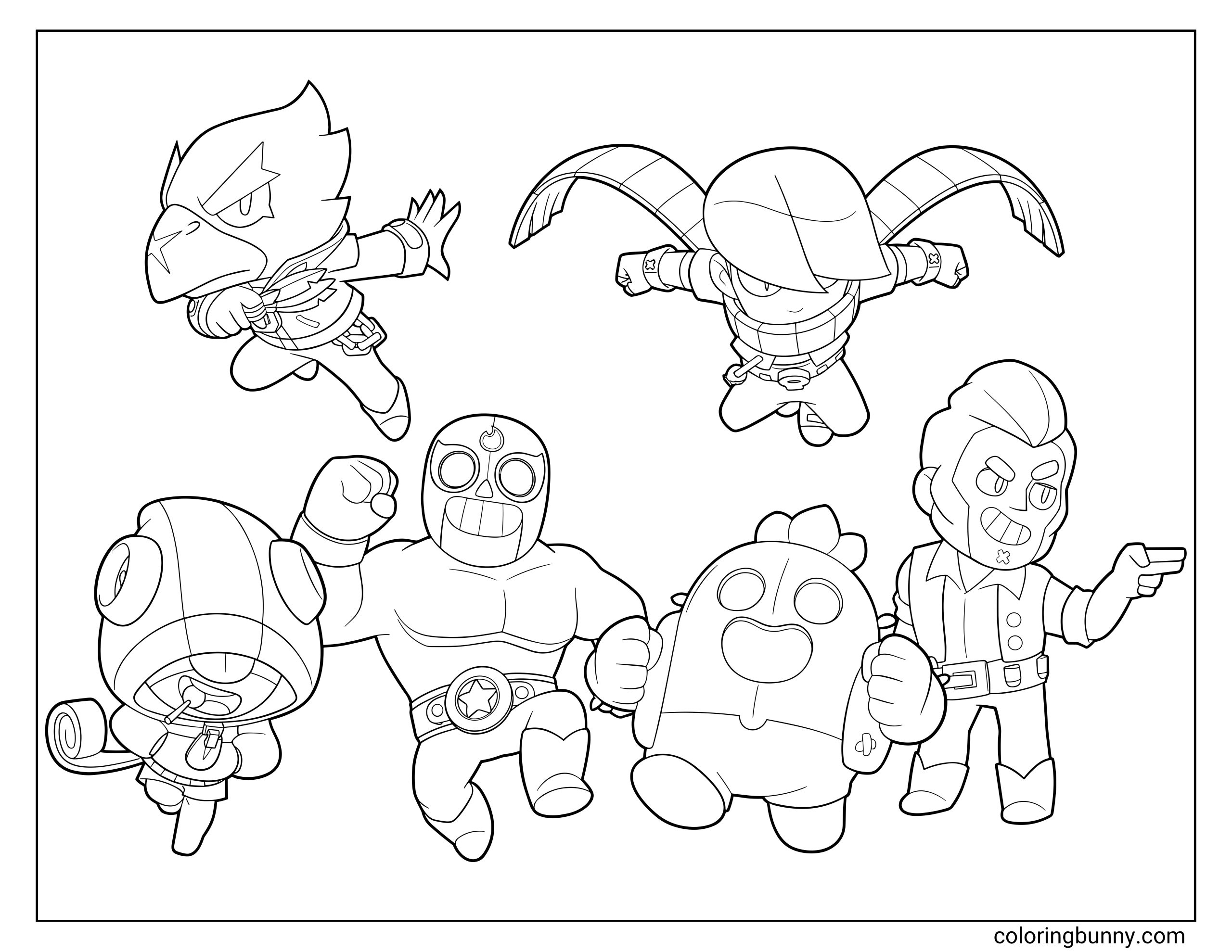 Coloring page of six Brawl Stars characters, including Crow, Edgar, Leon, El Primo, Spike, and Colt, arranged as a printable team lineup.