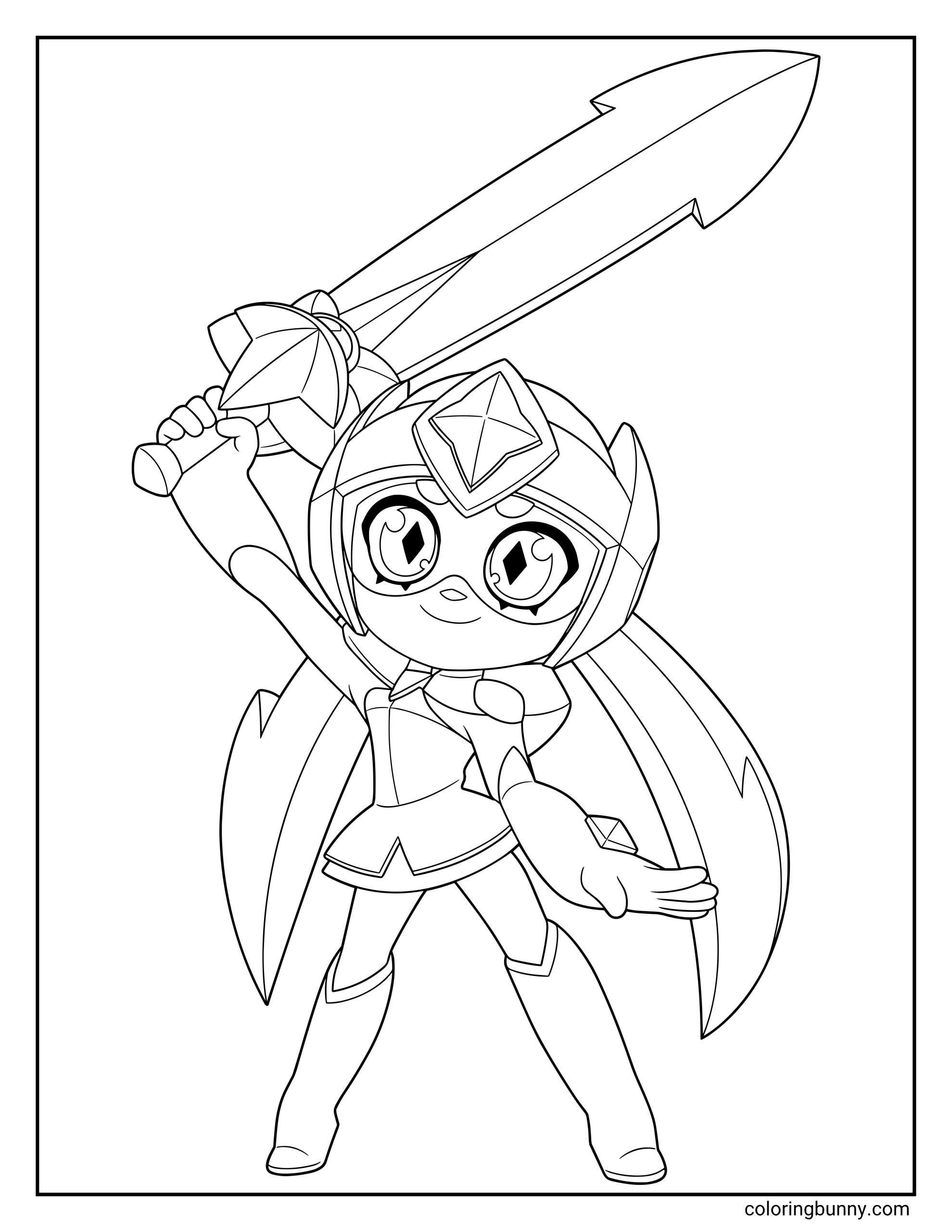 Coloring page of Starr Nova from Brawl Stars in a heroic pose, raising a large sword with a star gem, wearing a helmet, armor outfit, long hair, and boots.