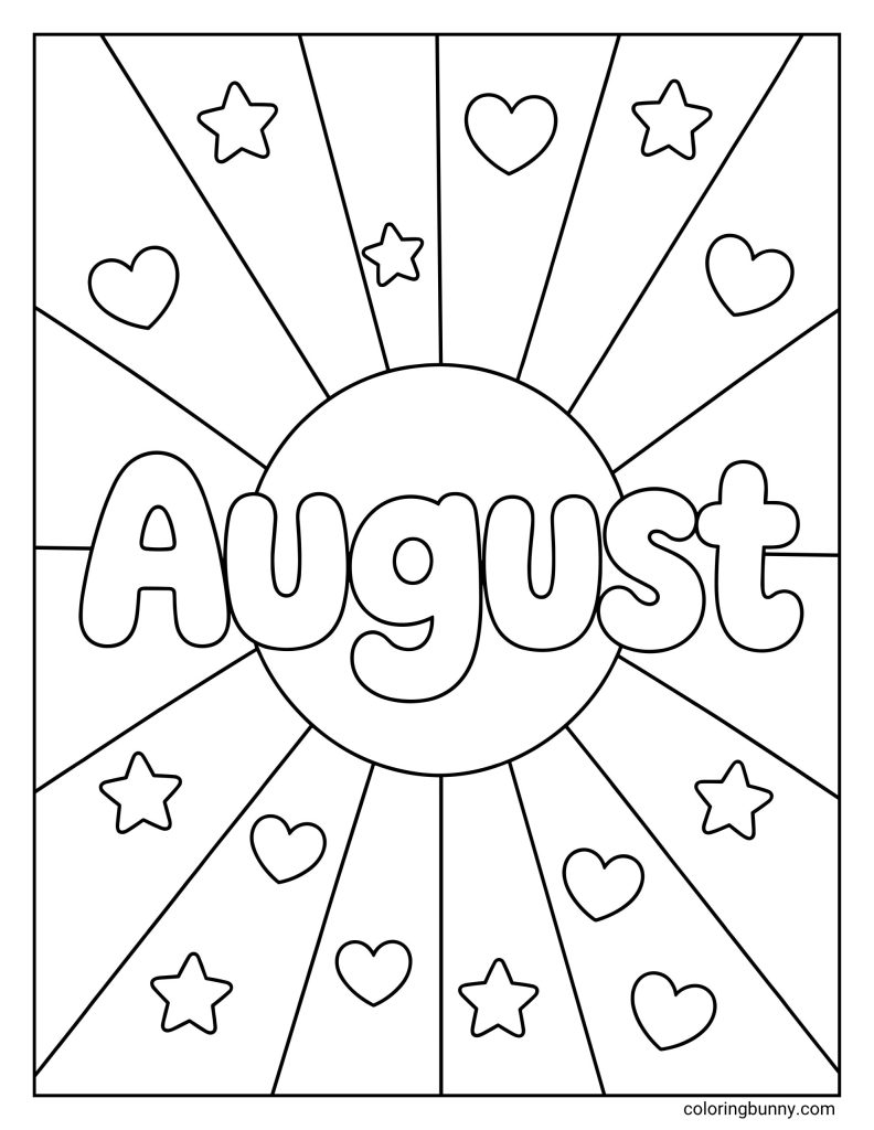 August coloring page displaying the word 'August' in a thick, bubbly font centered over a large circle with radiating retro sunbeams.
