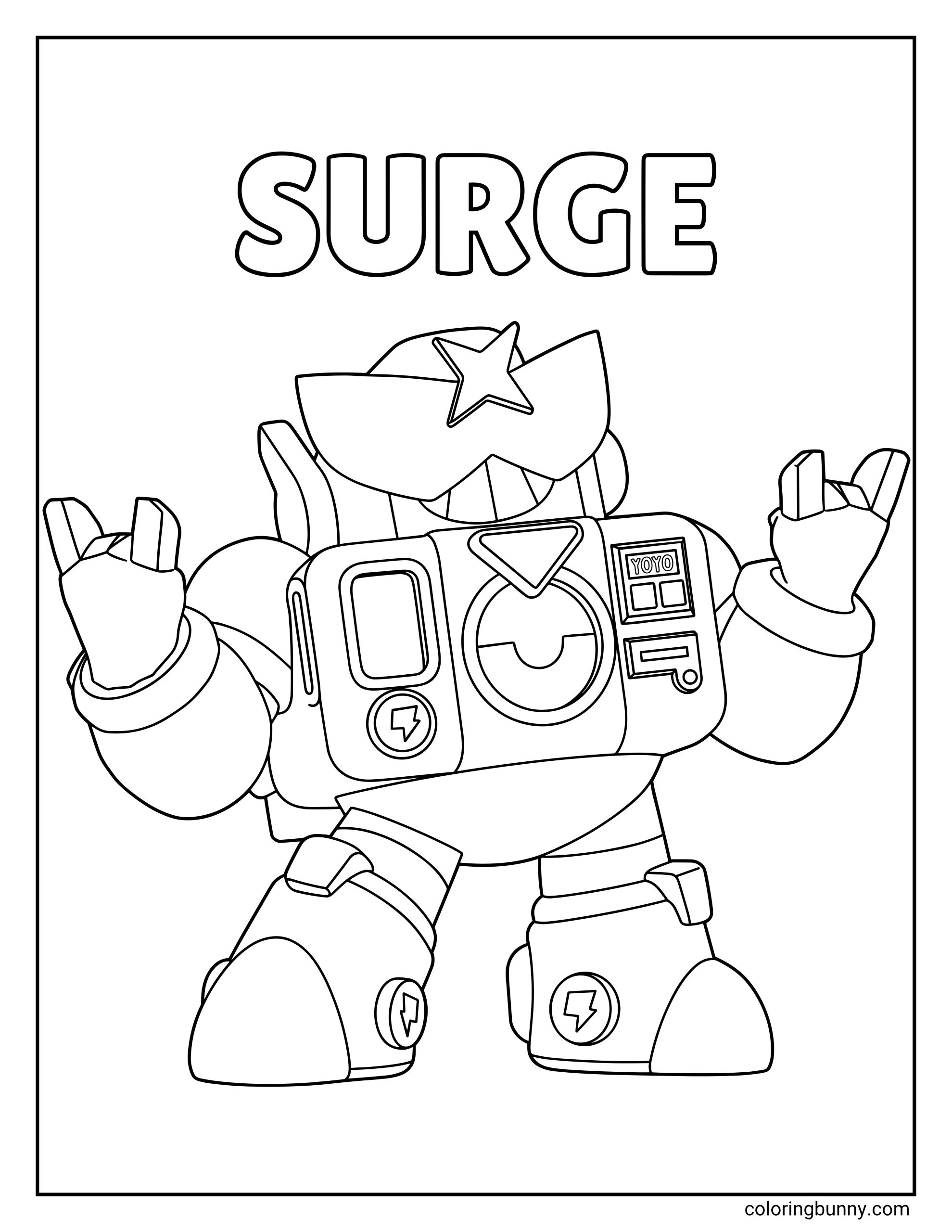 Brawl Stars Surge coloring page showing the robot brawler with raised arms, star-shaped visor, lightning badges on boots and body, and hollow Surge text at the top.