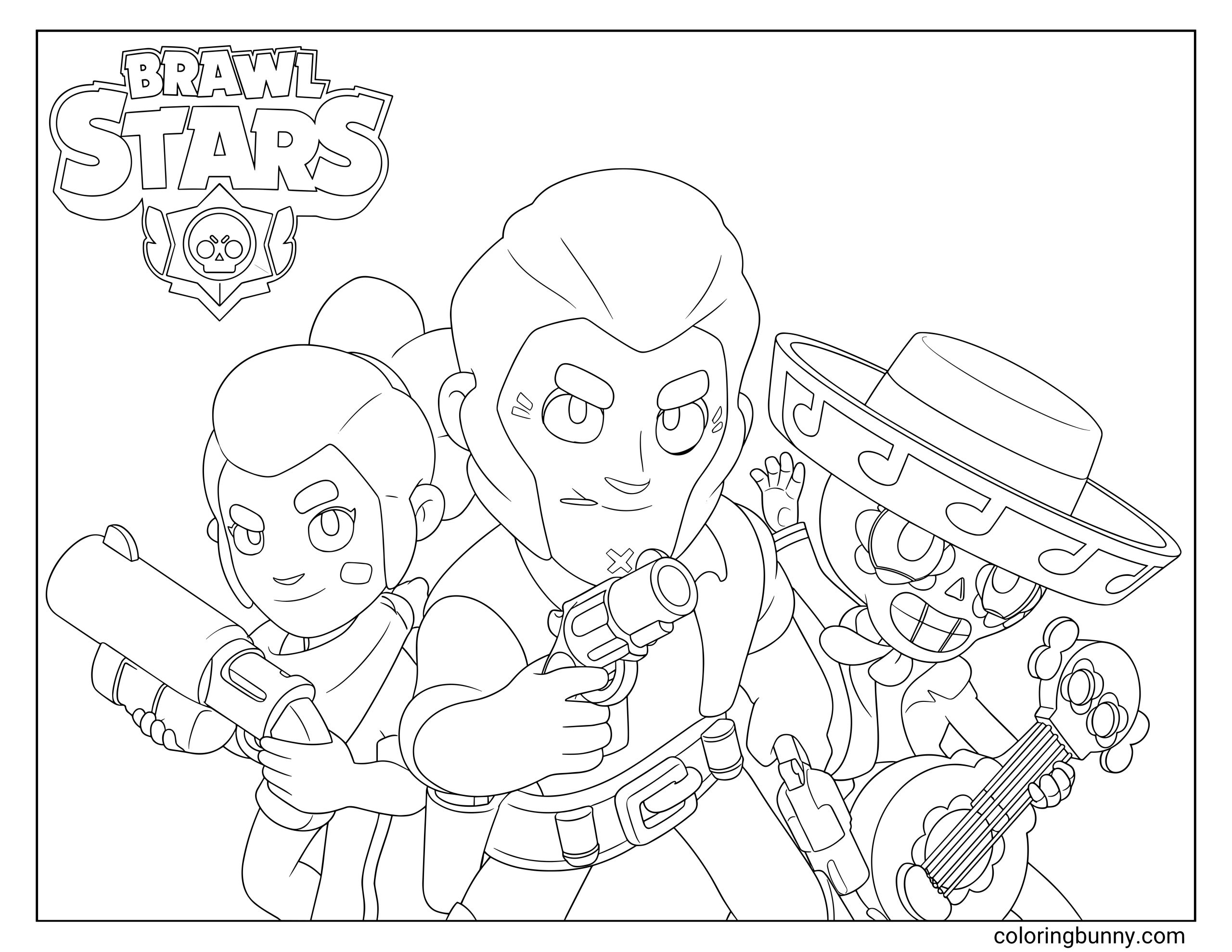 Coloring page of three Brawl Stars characters, showing Shelly, Colt, and Poco posing together with weapons, a guitar, and a hollow Brawl Stars logo above them.