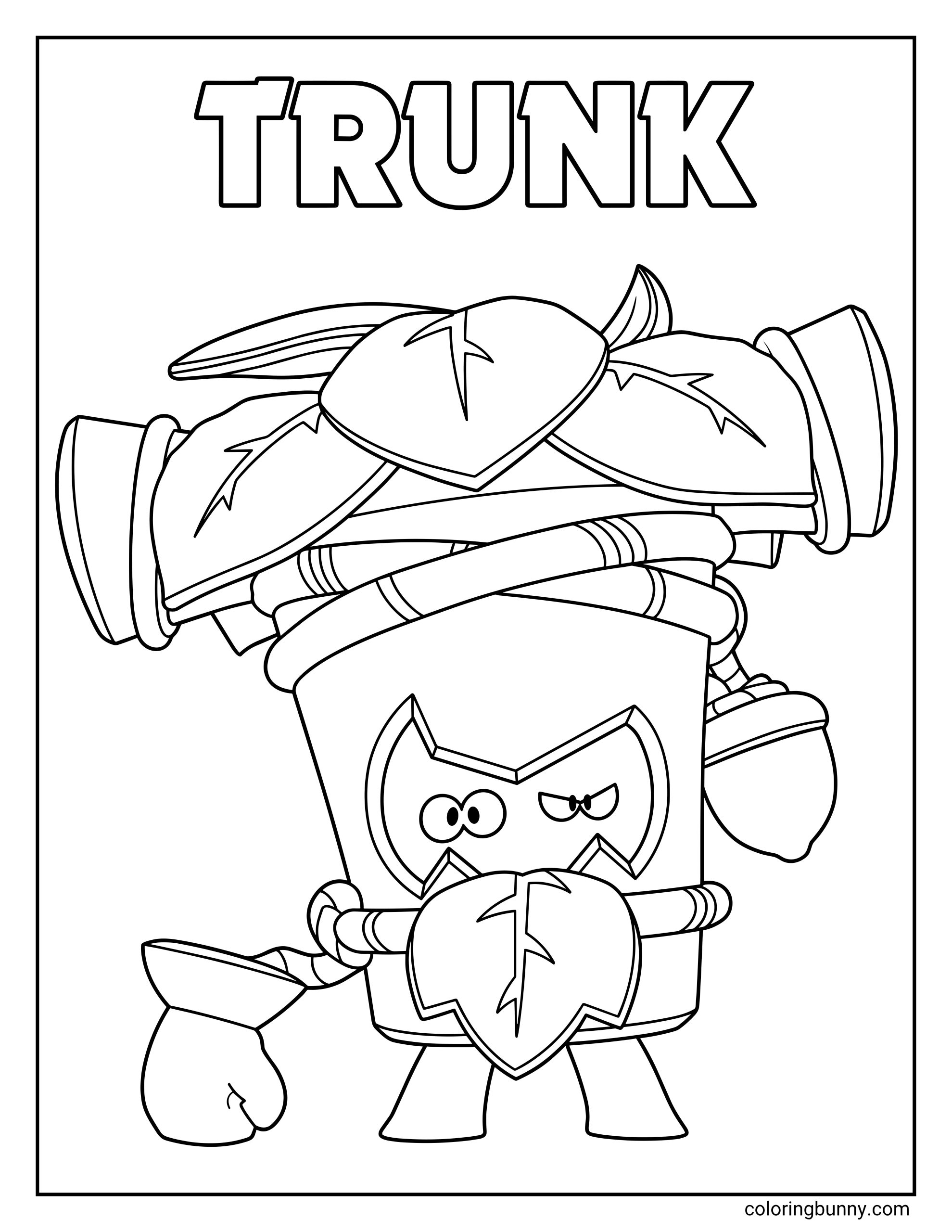 Trunk Brawl Stars coloring page showing Trunk with stacked log weapons, leaf armor, a wooden body, small legs, and his name at the top in hollow text.